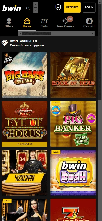 Bwin Casino mobile home screen with account and casino access