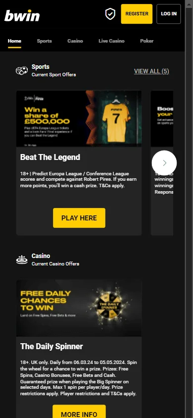 Bwin Casino mobile promotions area showing bonus offers