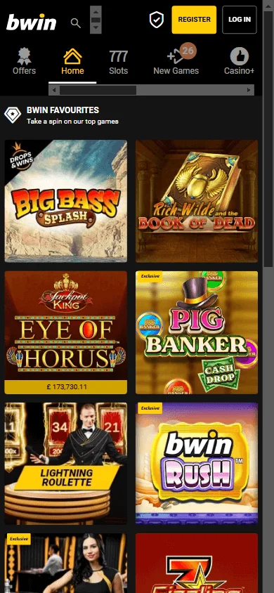 Bwin Casino mobile game screen with selected casino formats