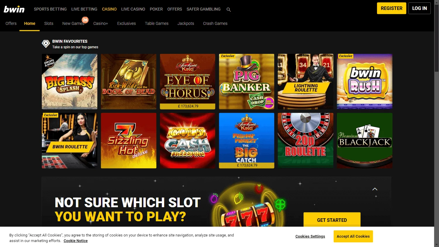 Bwin Casino desktop home screen with casino services and welcome offer